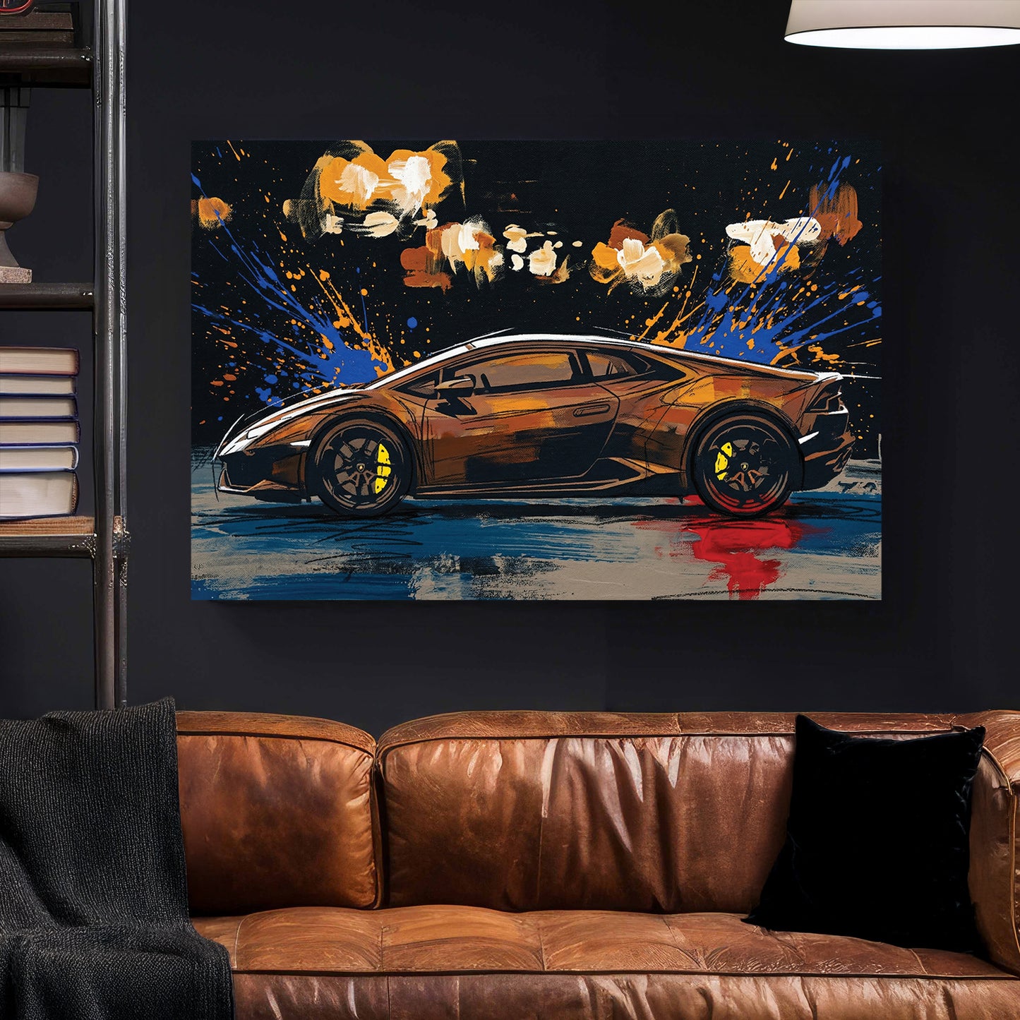 Black Lamborghini Huracan Supercar Painting canvas wall art print styled in a modern interior