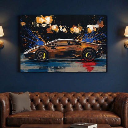 Black Lamborghini Huracan Supercar Painting canvas wall art print above a sofa in a contemporary living room