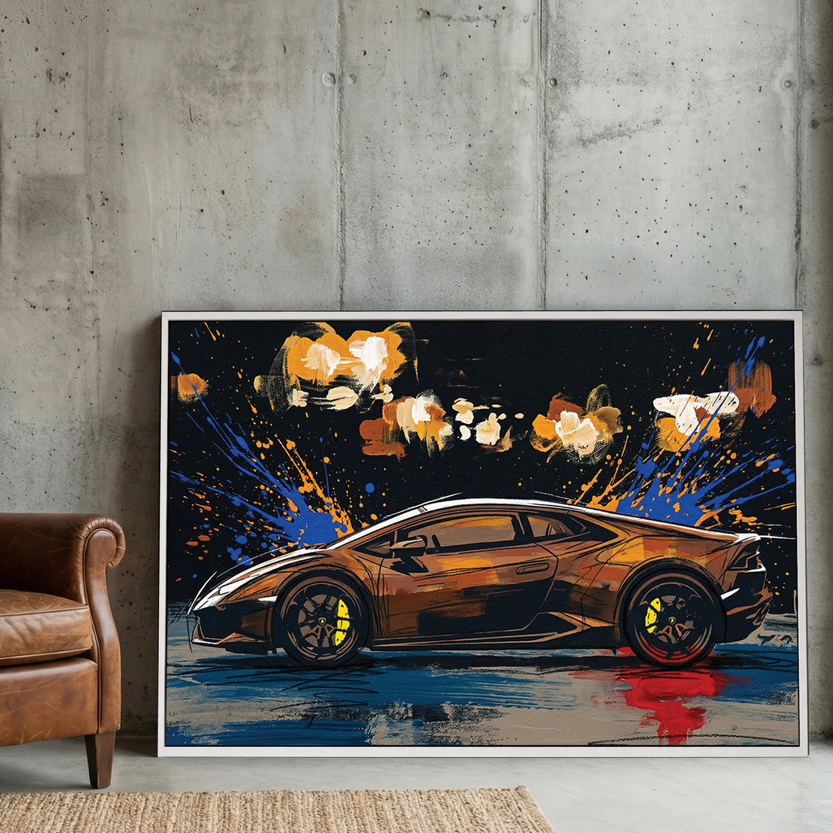 Black Lamborghini Huracan Supercar Painting canvas wall art print displayed in a styled living room