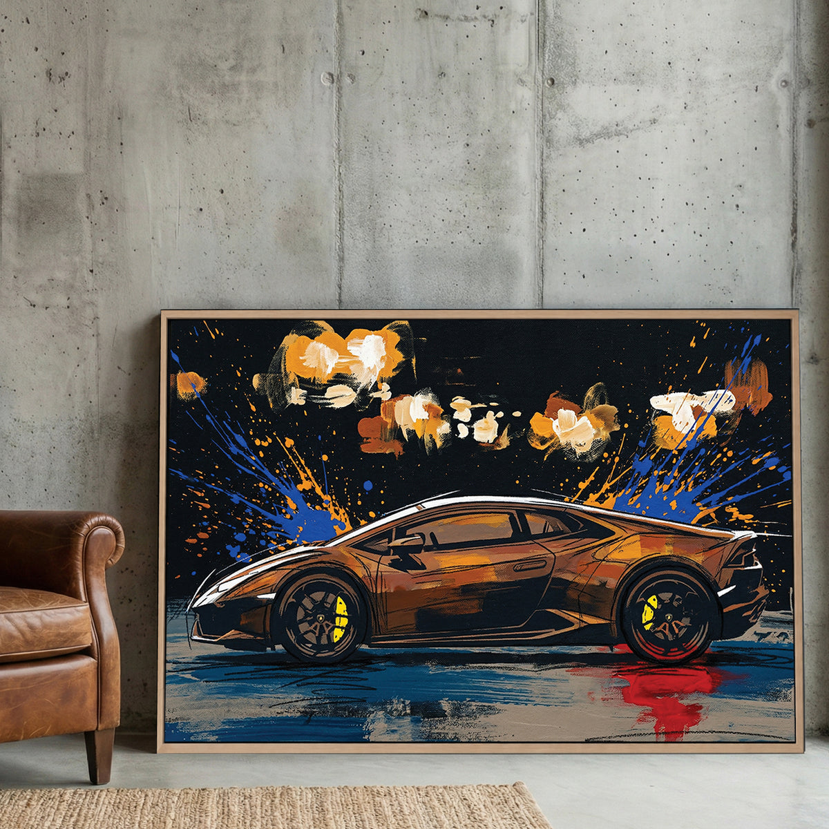 Black Lamborghini Huracan Supercar Painting canvas wall art print displayed in a styled living room