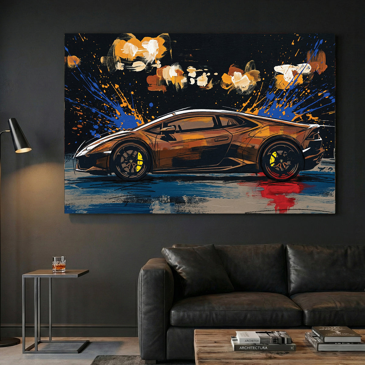 Black Lamborghini Huracan Supercar Painting canvas wall art print displayed in a styled living room