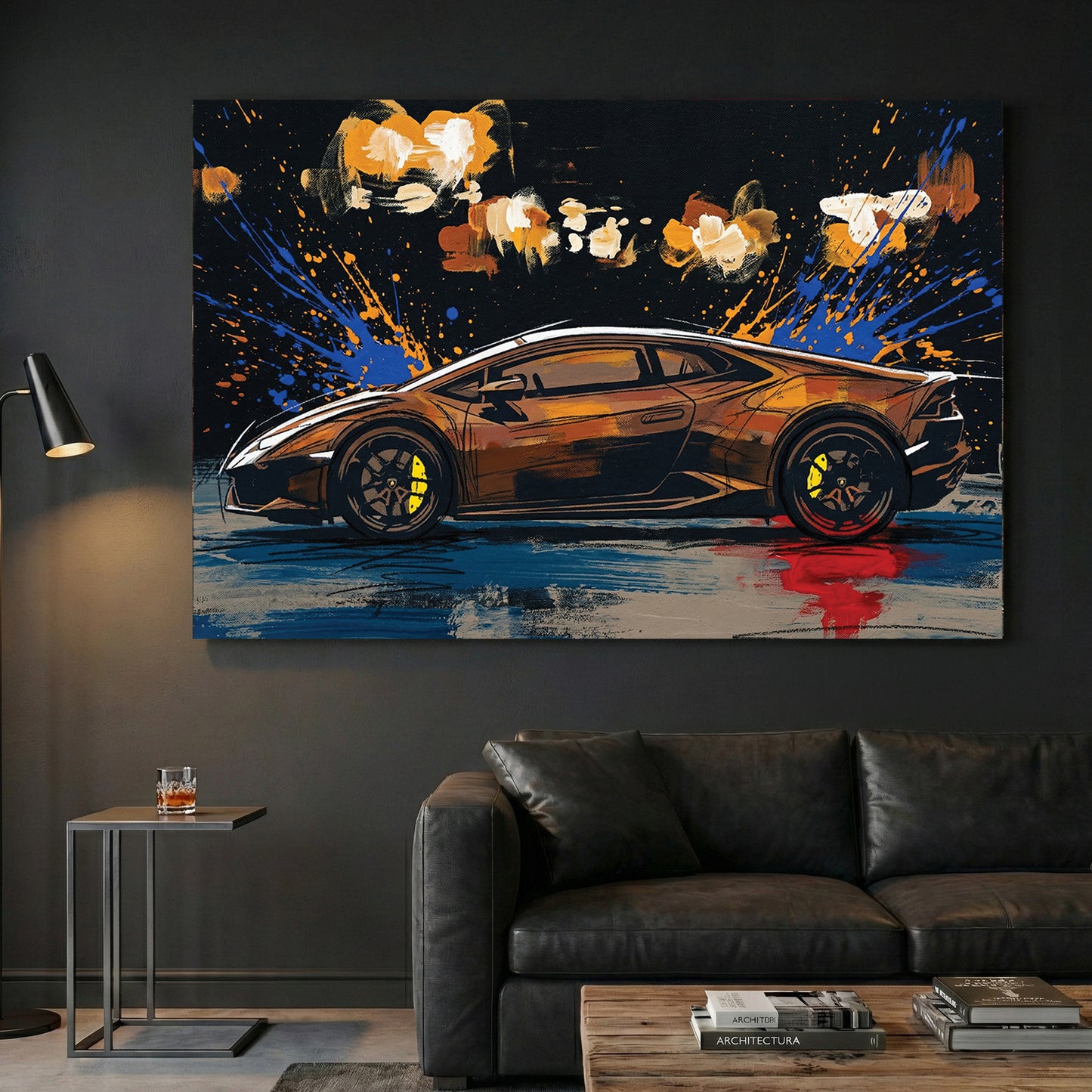 Black Lamborghini Huracan Supercar Painting canvas wall art print displayed in a styled living room