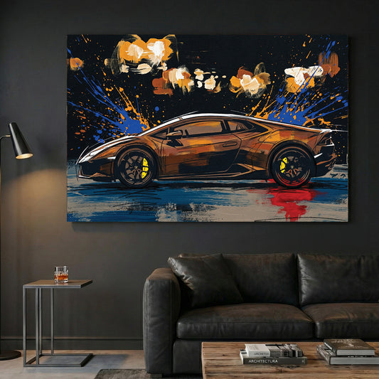 Black Lamborghini Huracan Supercar Painting canvas wall art print displayed in a styled living room