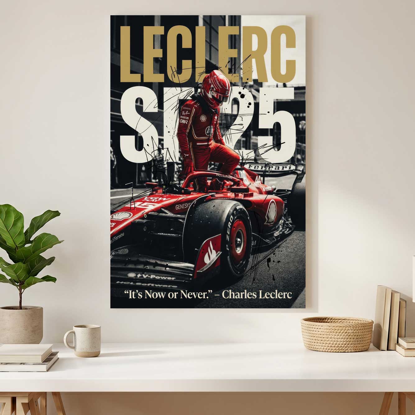 Charles Leclerc Ferrari F1 canvas wall art print styled in a modern interior