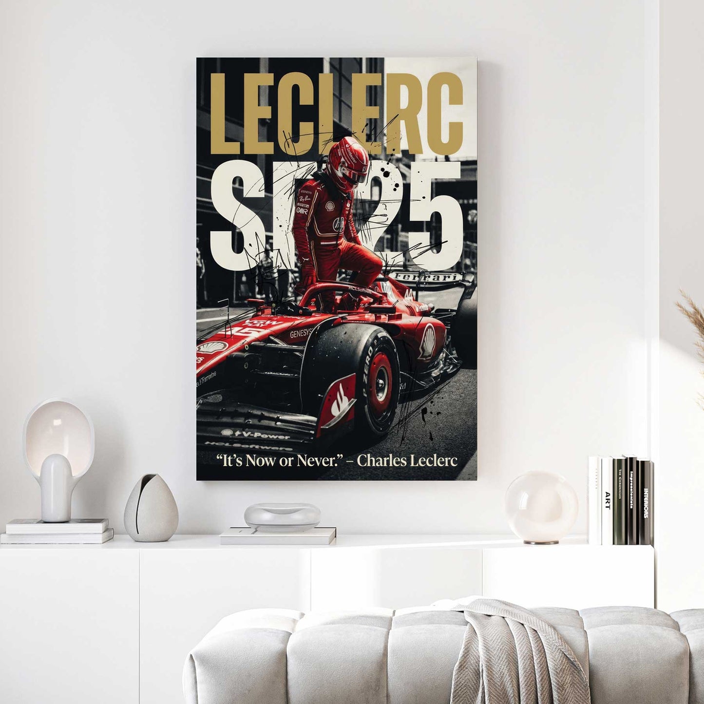 Charles Leclerc Ferrari F1 canvas wall art print above a sofa in a contemporary living room
