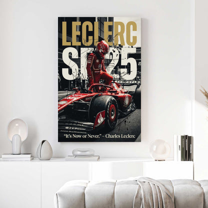 Charles Leclerc Ferrari F1 canvas wall art print above a sofa in a contemporary living room
