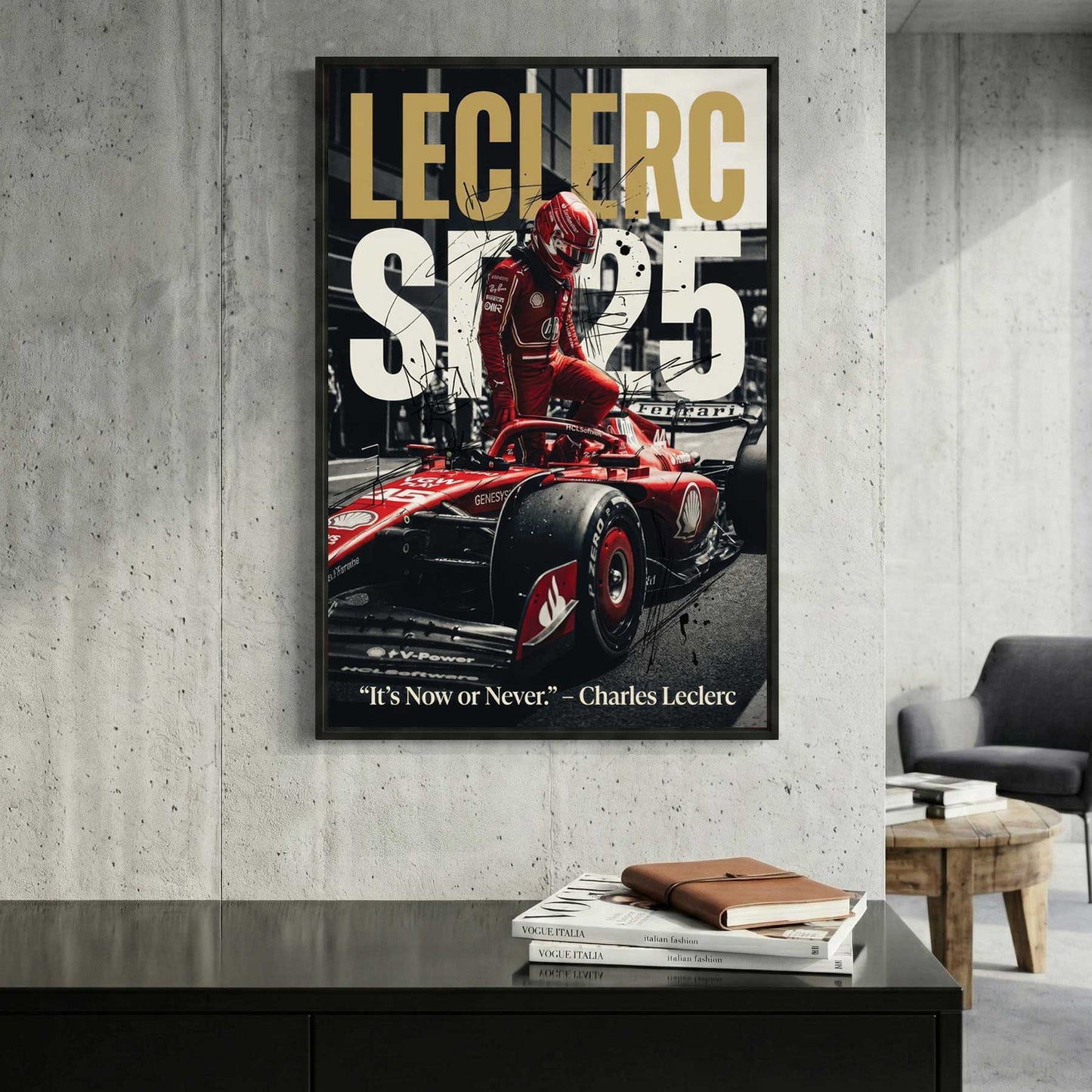 Charles Leclerc Ferrari F1 framed canvas wall art print in a gallery-style display