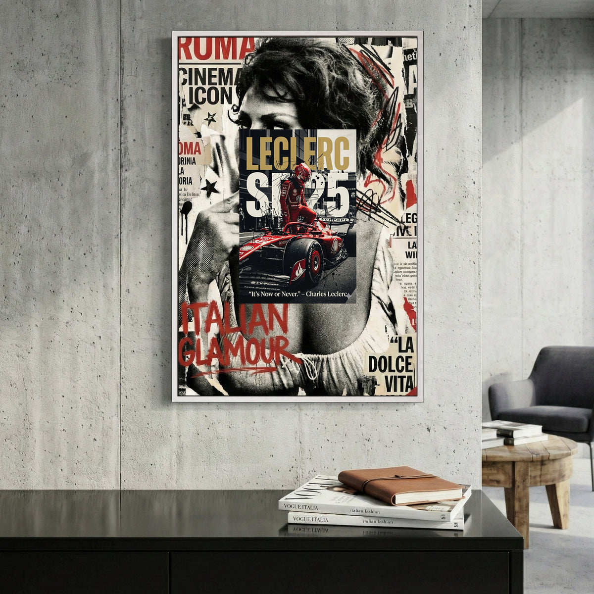 Charles Leclerc Ferrari F1 canvas wall art print displayed in a styled living room