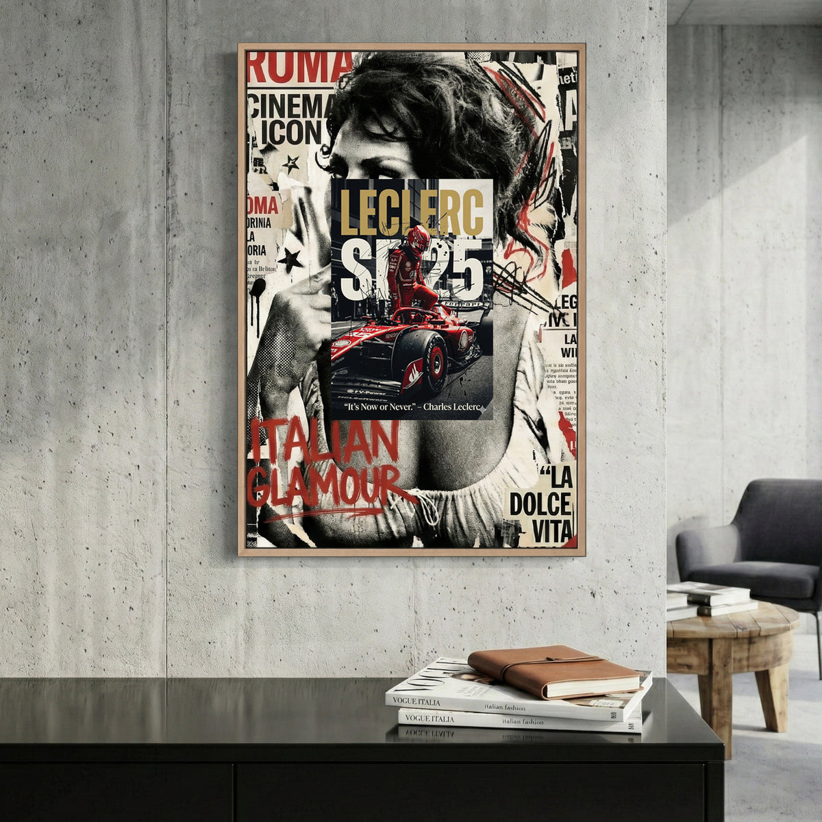 Charles Leclerc Ferrari F1 canvas wall art print displayed in a styled living room