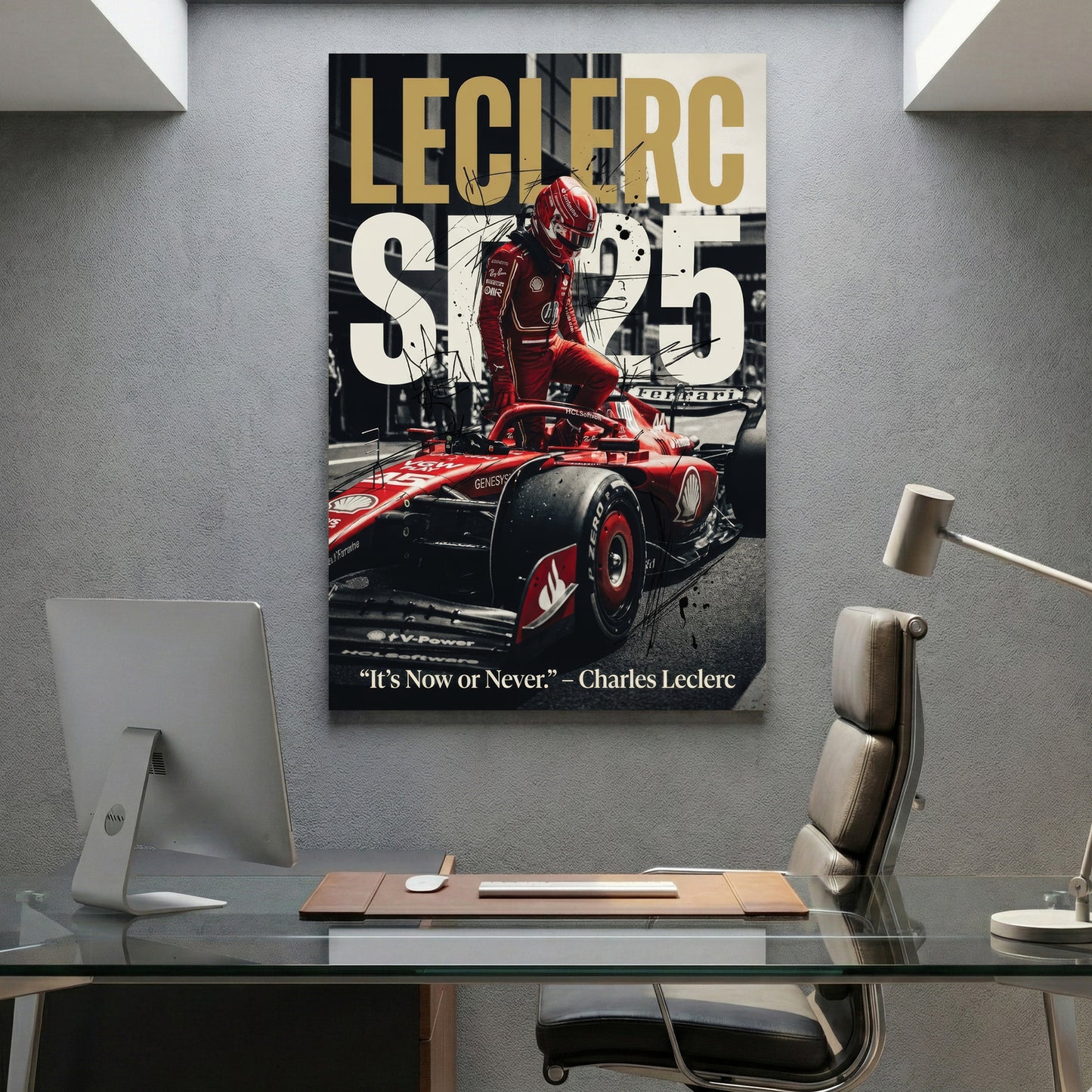 Charles Leclerc Ferrari F1 canvas wall art print displayed in a styled living room