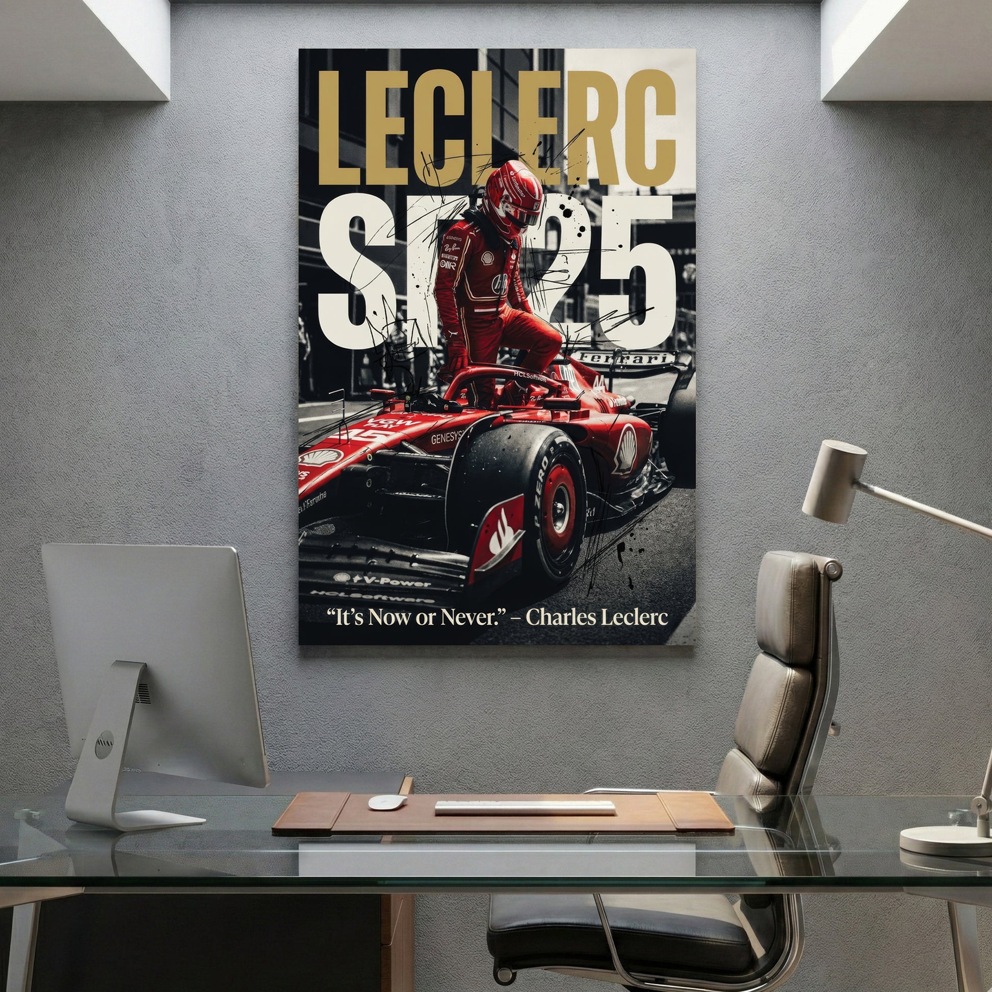 Charles Leclerc Ferrari F1 canvas wall art print displayed in a styled living room