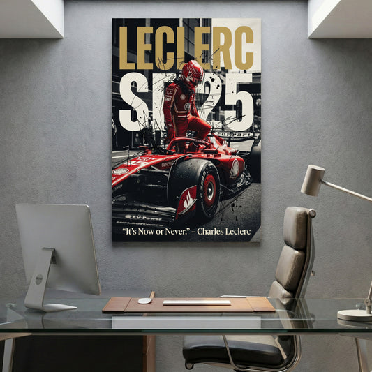 Charles Leclerc Ferrari F1 canvas wall art print displayed in a styled living room