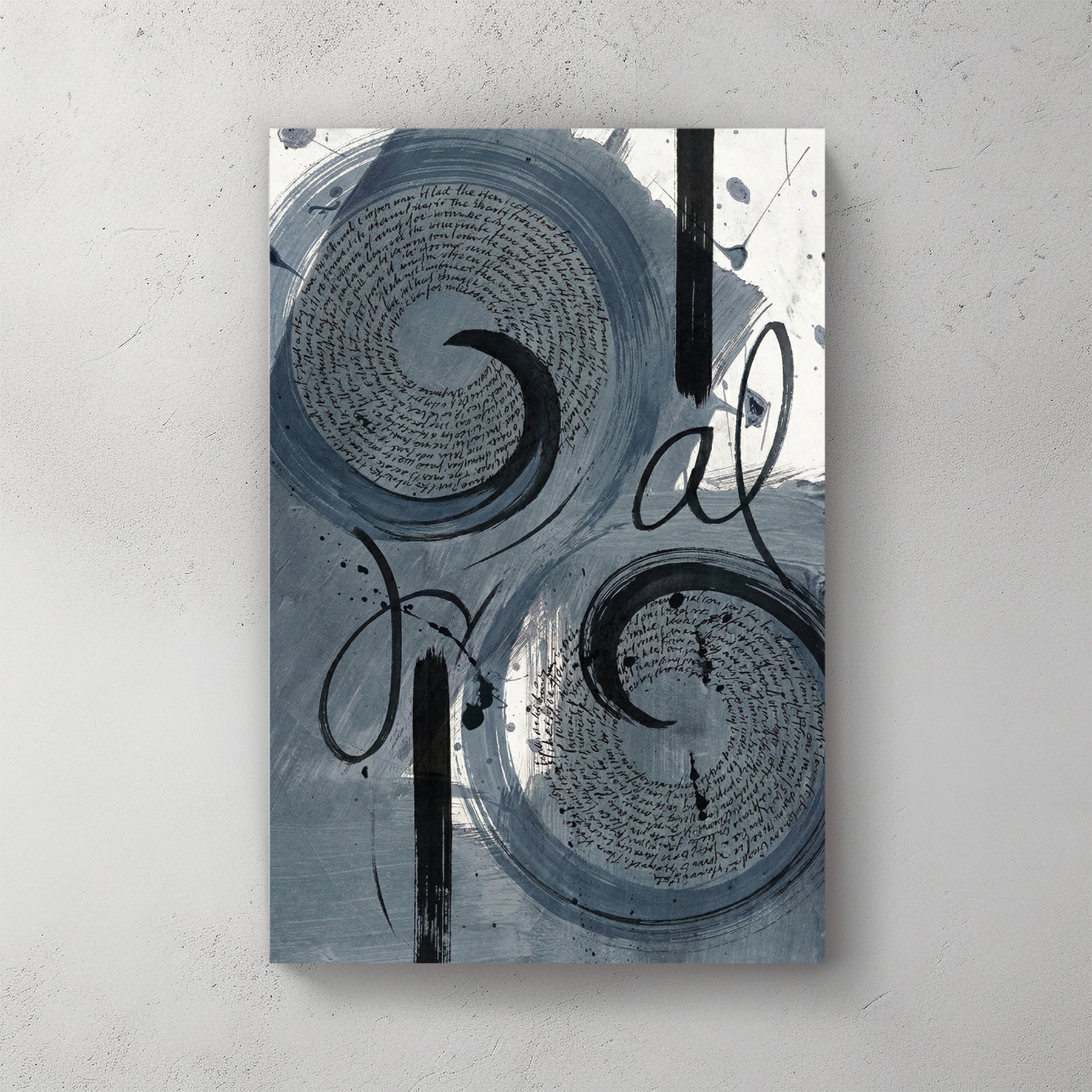Two grey ink swirls with cursive writing inside, navy brush strokes, paper white background — canvas wall art print