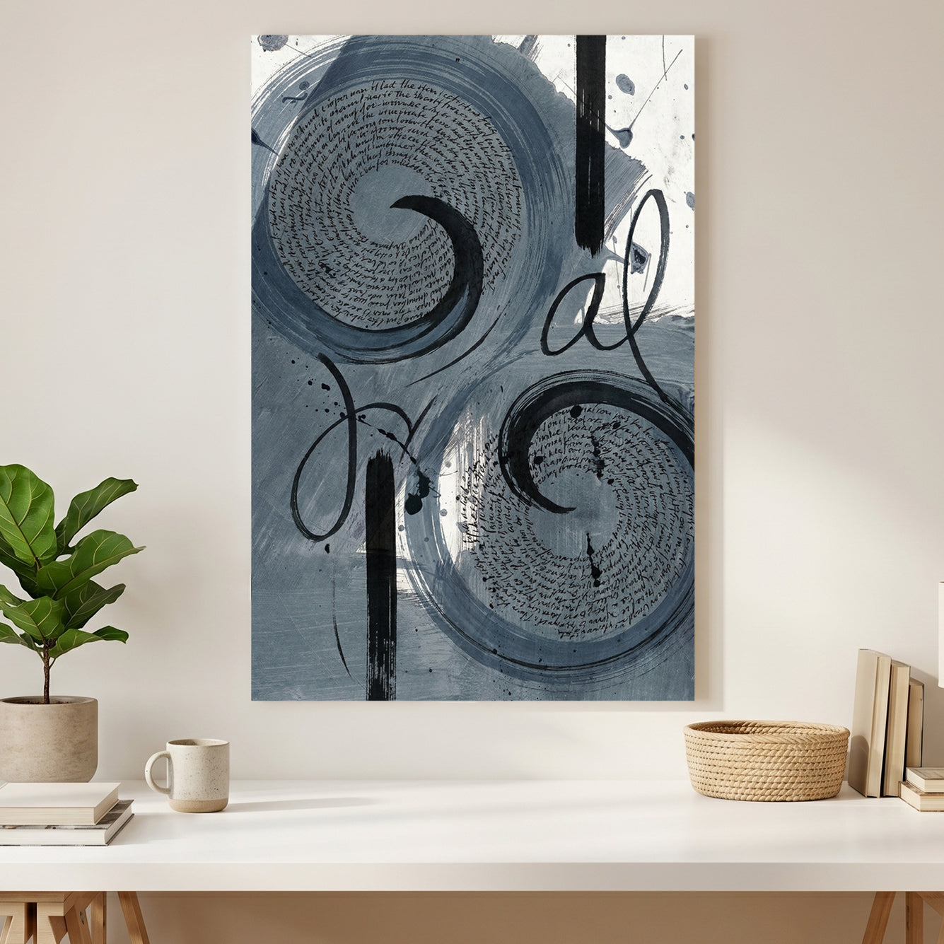 Grey Swirl Abstract canvas wall art print styled in a modern interior