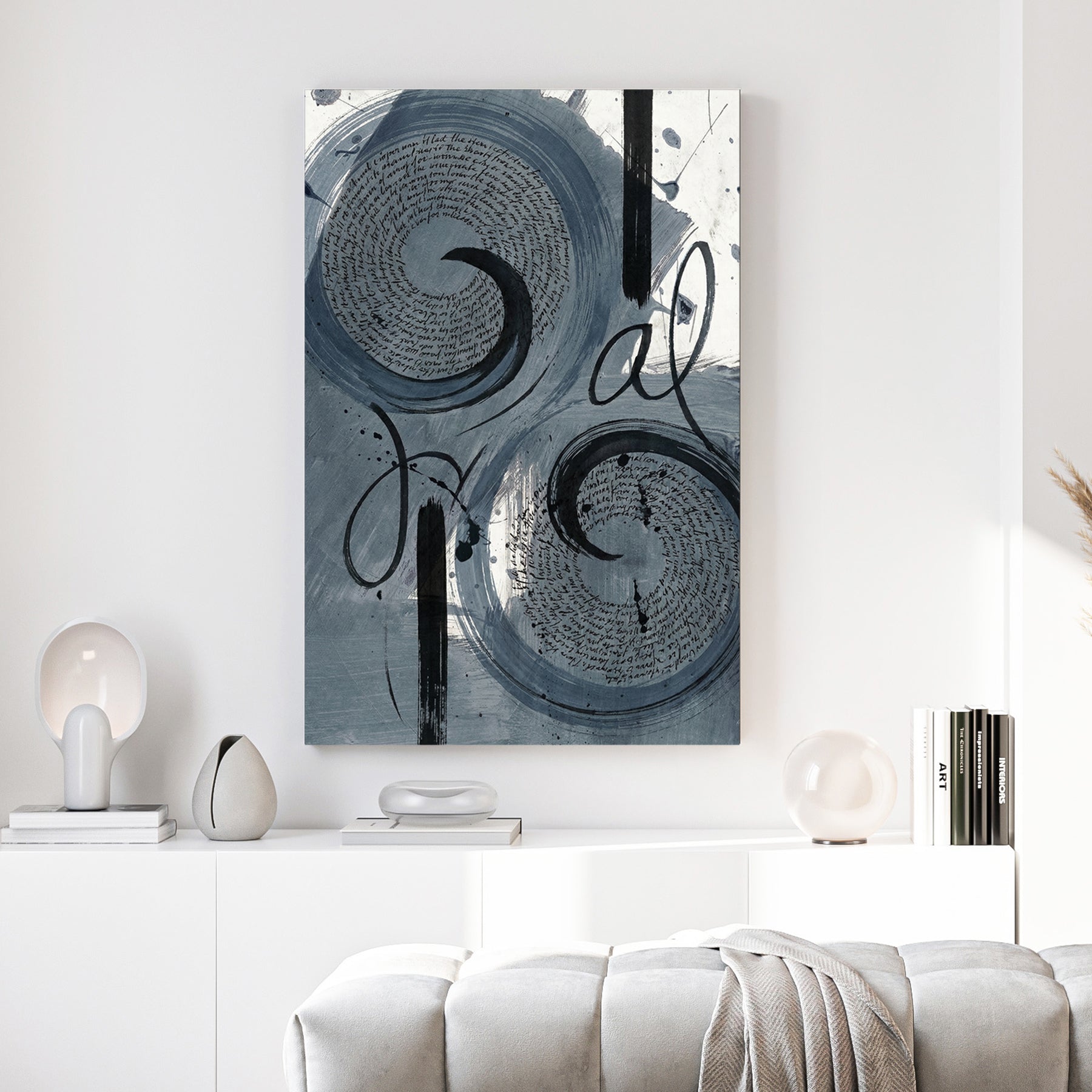 Grey Swirl Abstract canvas wall art print above a sofa in a contemporary living room