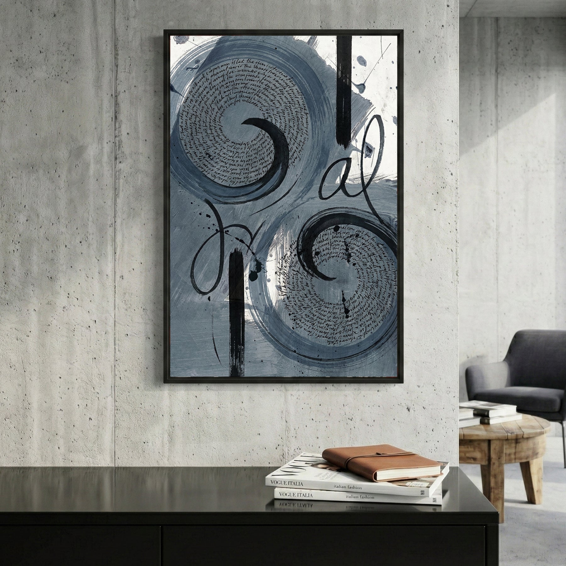 Grey Swirl Abstract framed canvas wall art print in a gallery-style display