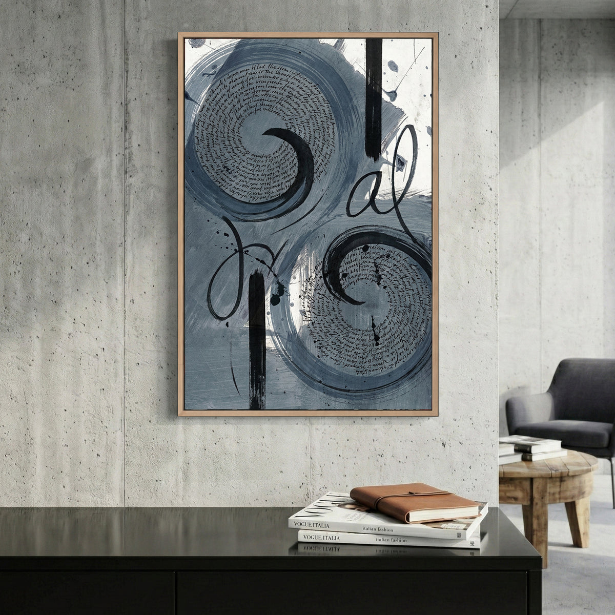 Grey Swirl Abstract canvas wall art print displayed in a styled living room