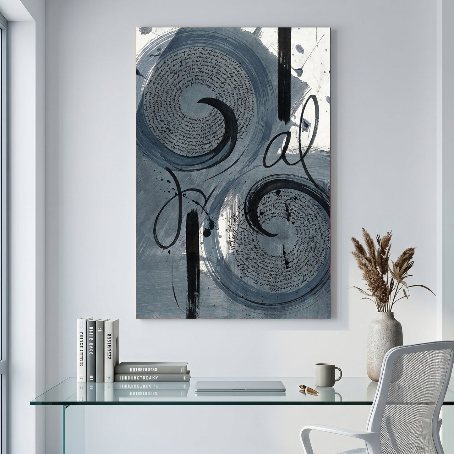 Grey Swirl Abstract canvas wall art print displayed in a styled living room