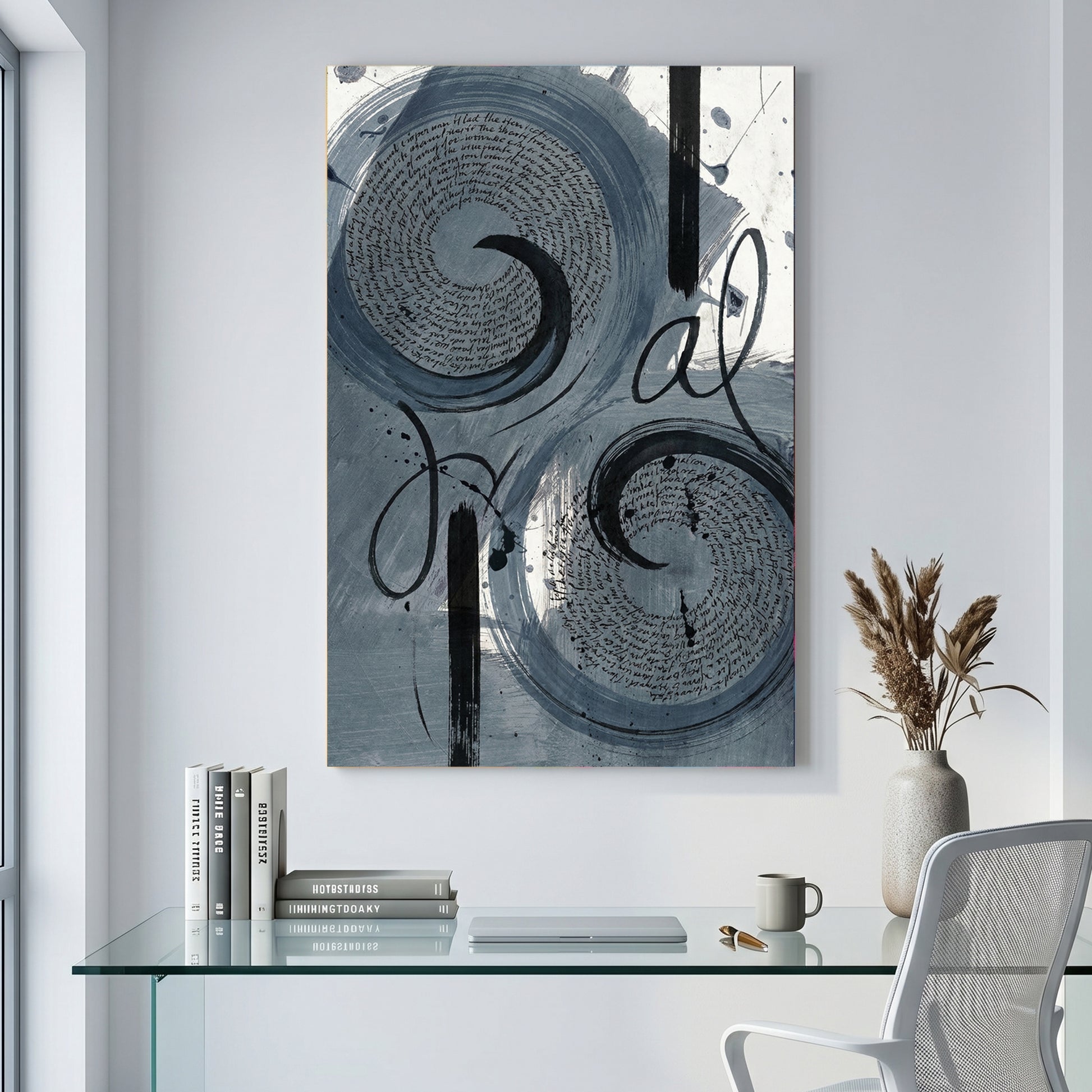 Grey Swirl Abstract canvas wall art print displayed in a styled living room