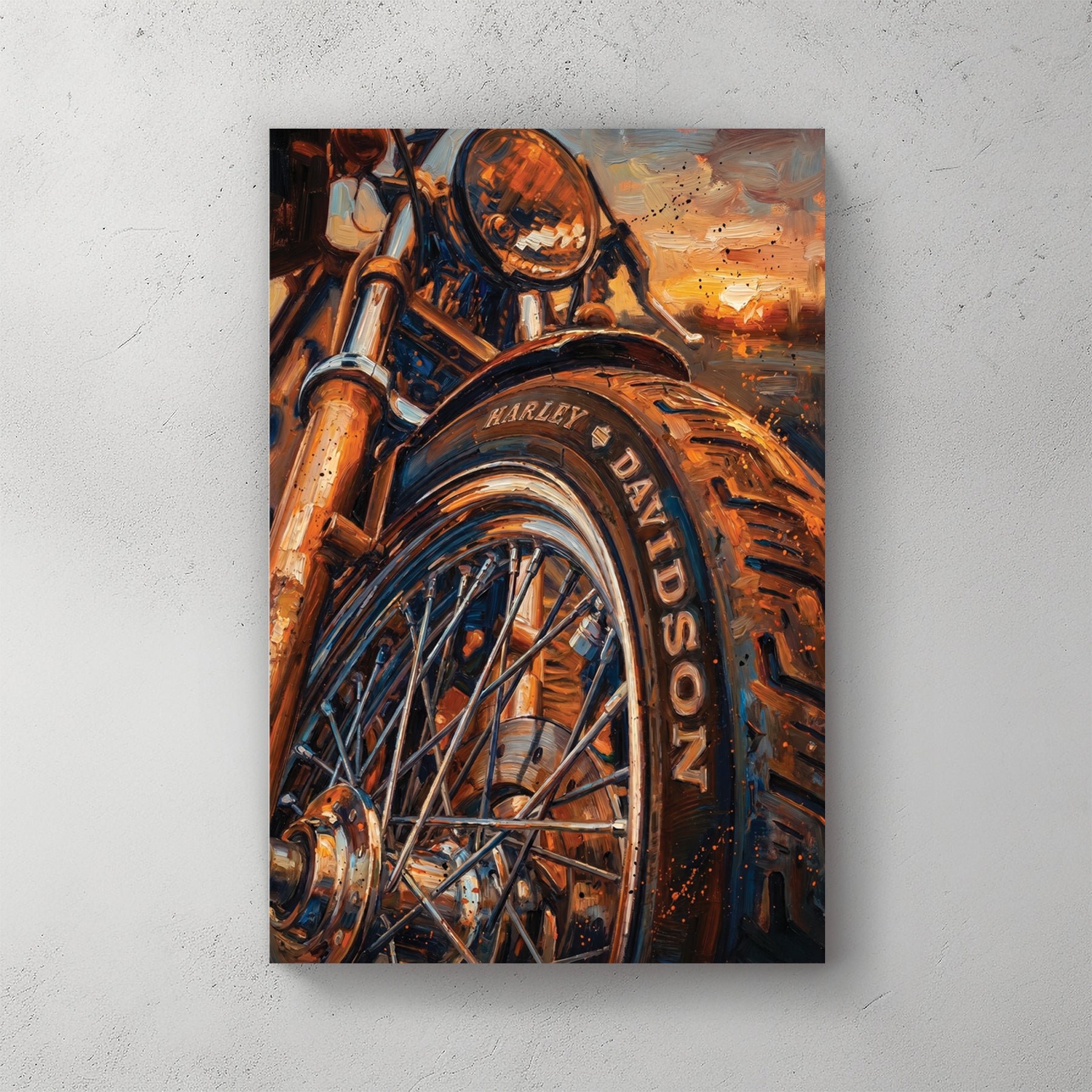 Harley-Davidson motorcycle close-up, front wheel and headlight, golden sunset light, oil painting style, Harley-Davidson stamped on the tire — canvas wall art print