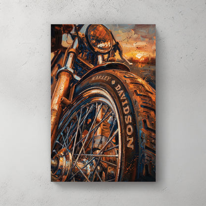Harley-Davidson motorcycle close-up, front wheel and headlight, golden sunset light, oil painting style, Harley-Davidson stamped on the tire — canvas wall art print