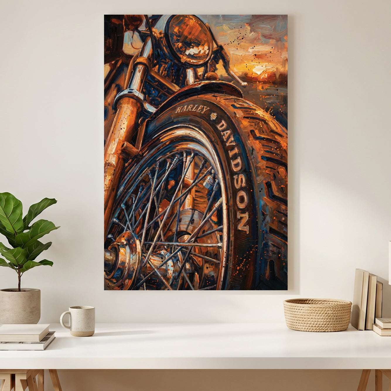 Harley-Davidson Motorcycle Sunset canvas wall art print styled in a modern interior