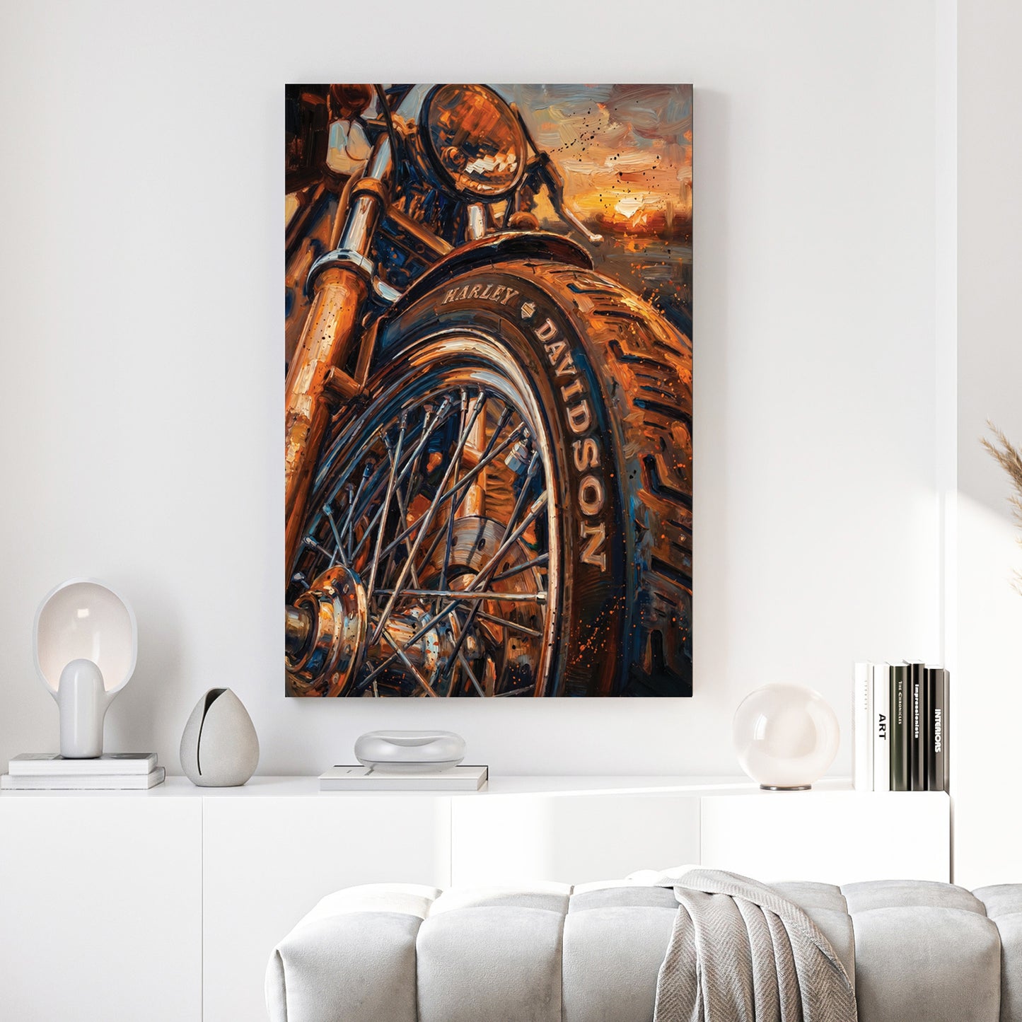 Harley-Davidson Motorcycle Sunset canvas wall art print above a sofa in a contemporary living room