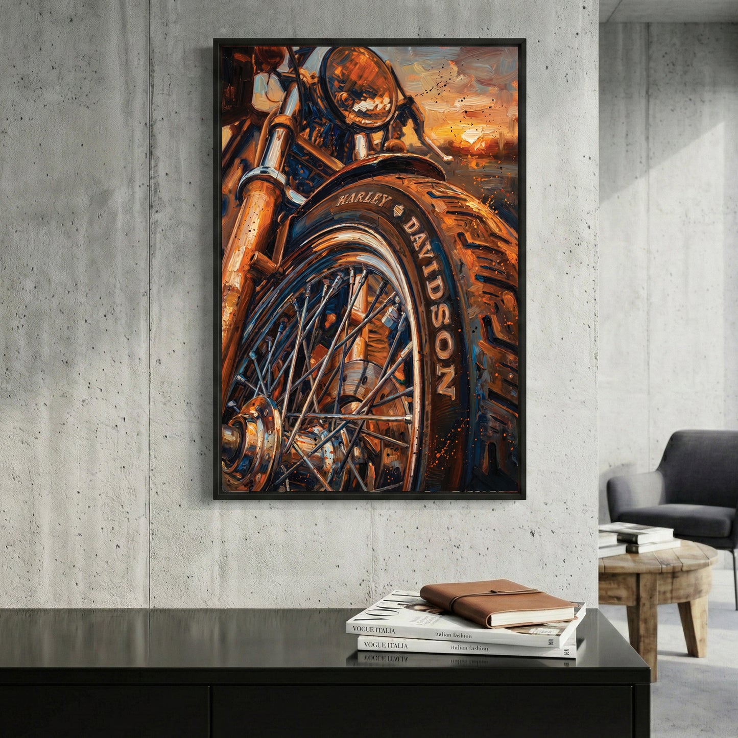 Harley-Davidson Motorcycle Sunset framed canvas wall art print in a gallery-style display