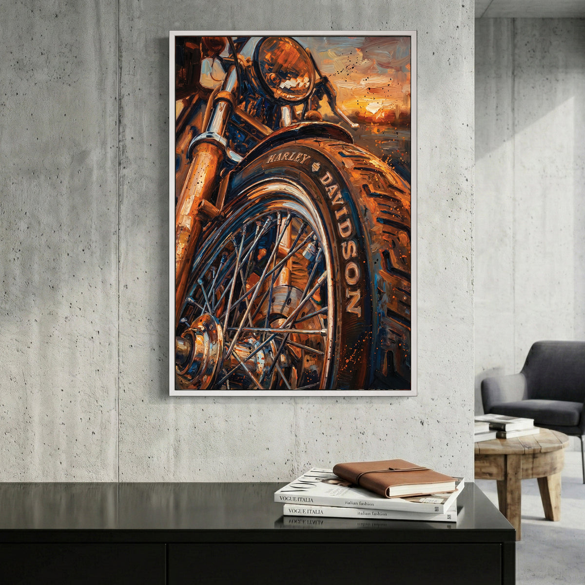 Harley-Davidson Motorcycle Sunset canvas wall art print displayed in a styled living room