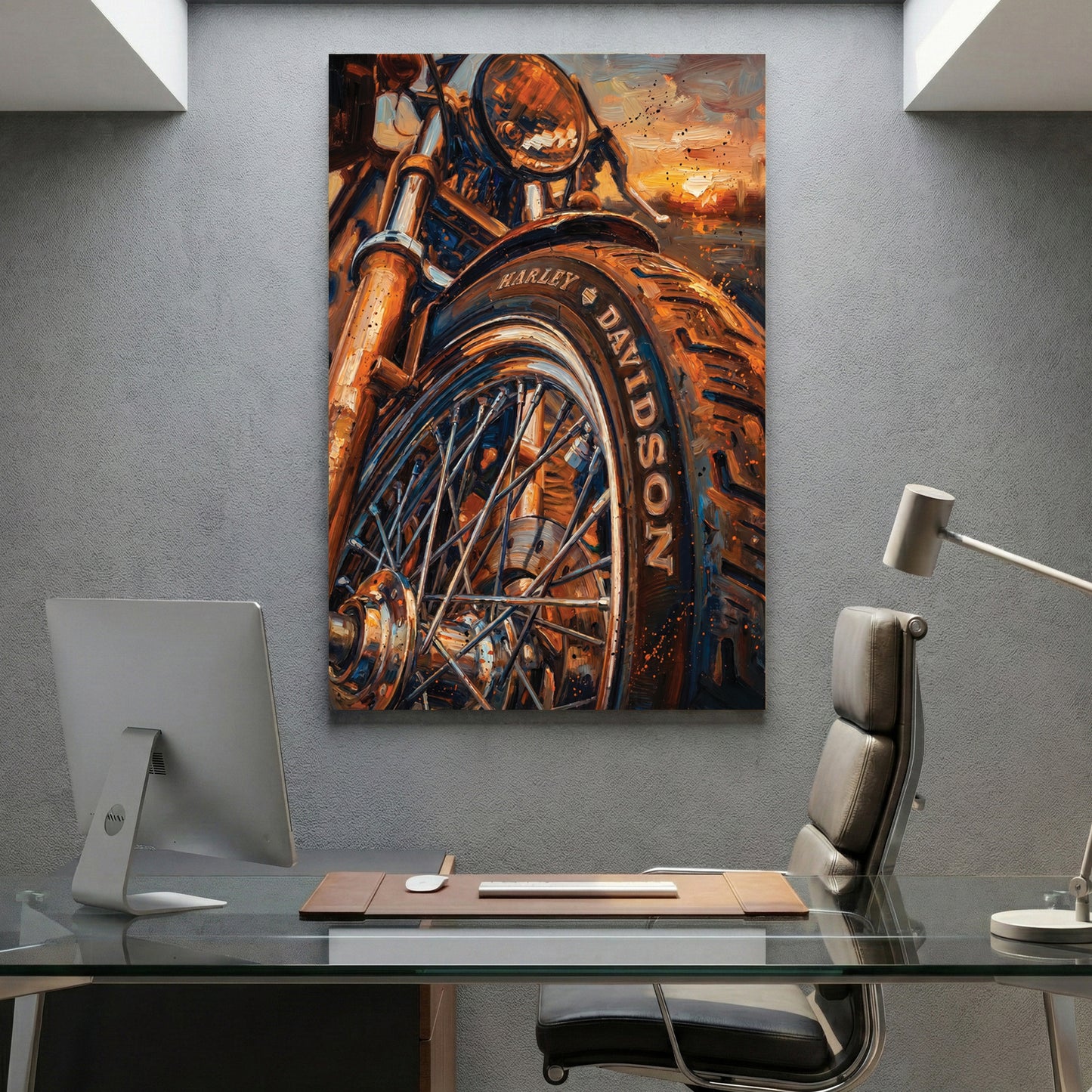 Harley-Davidson Motorcycle Sunset canvas wall art print displayed in a styled living room