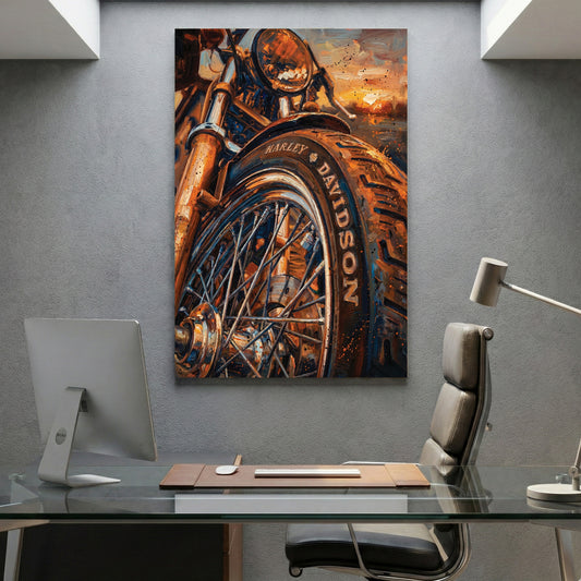 Harley-Davidson Motorcycle Sunset canvas wall art print displayed in a styled living room