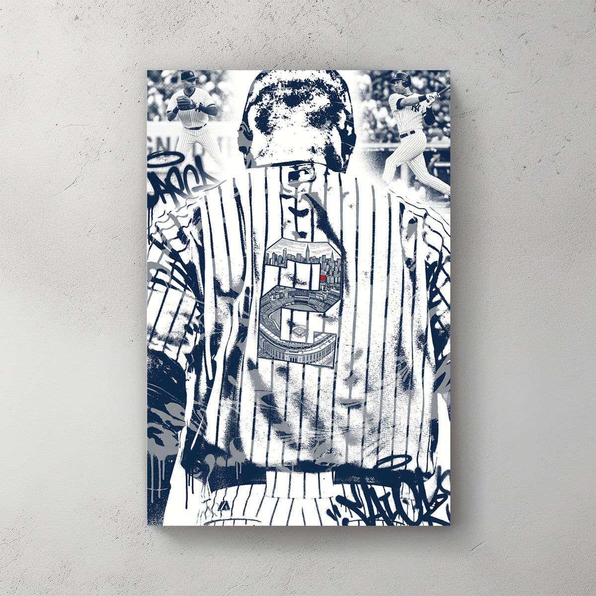 Derek Jeter from behind in Yankees pinstripes, captain C on back with stadium skyline inside it, graffiti tags — canvas wall art print