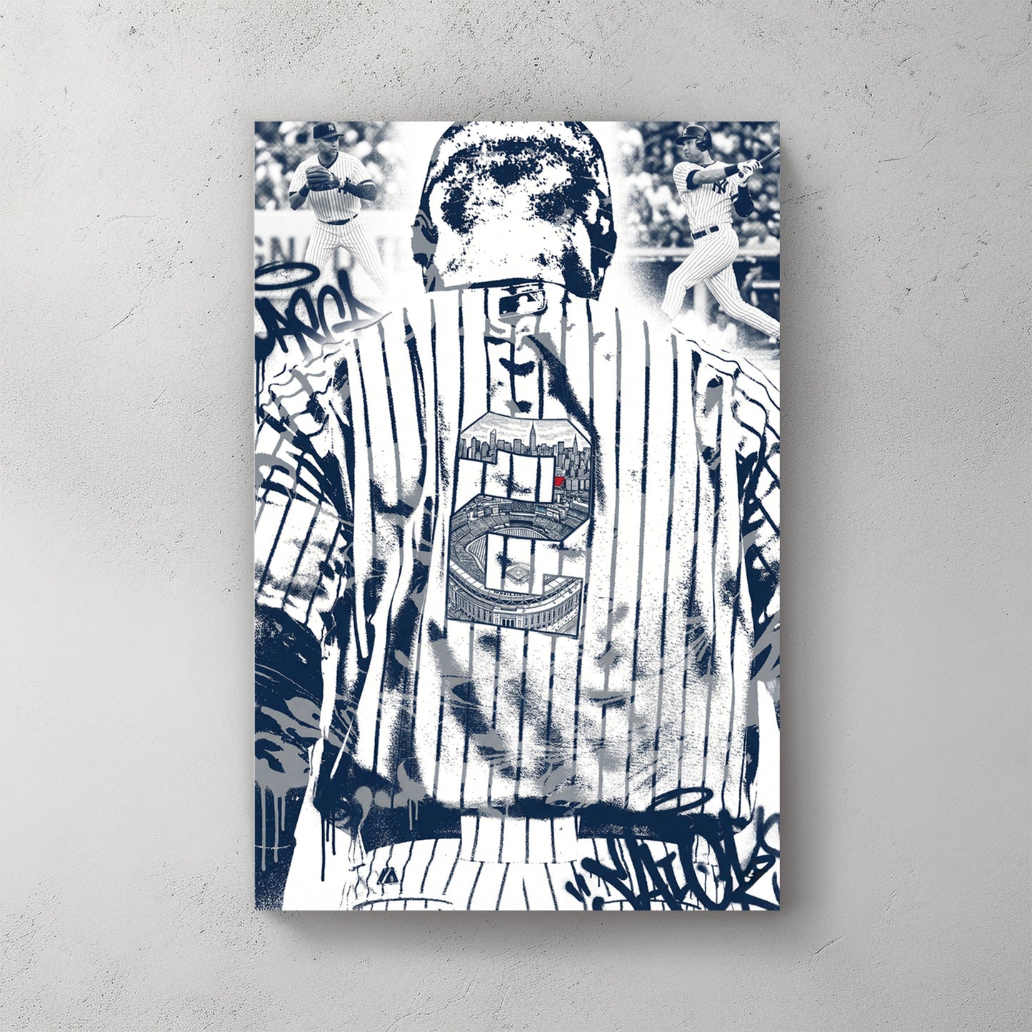 Derek Jeter from behind in Yankees pinstripes, captain C on back with stadium skyline inside it, graffiti tags — canvas wall art print