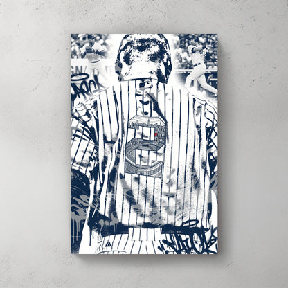 Derek Jeter from behind in Yankees pinstripes, captain C on back with stadium skyline inside it, graffiti tags — canvas wall art print