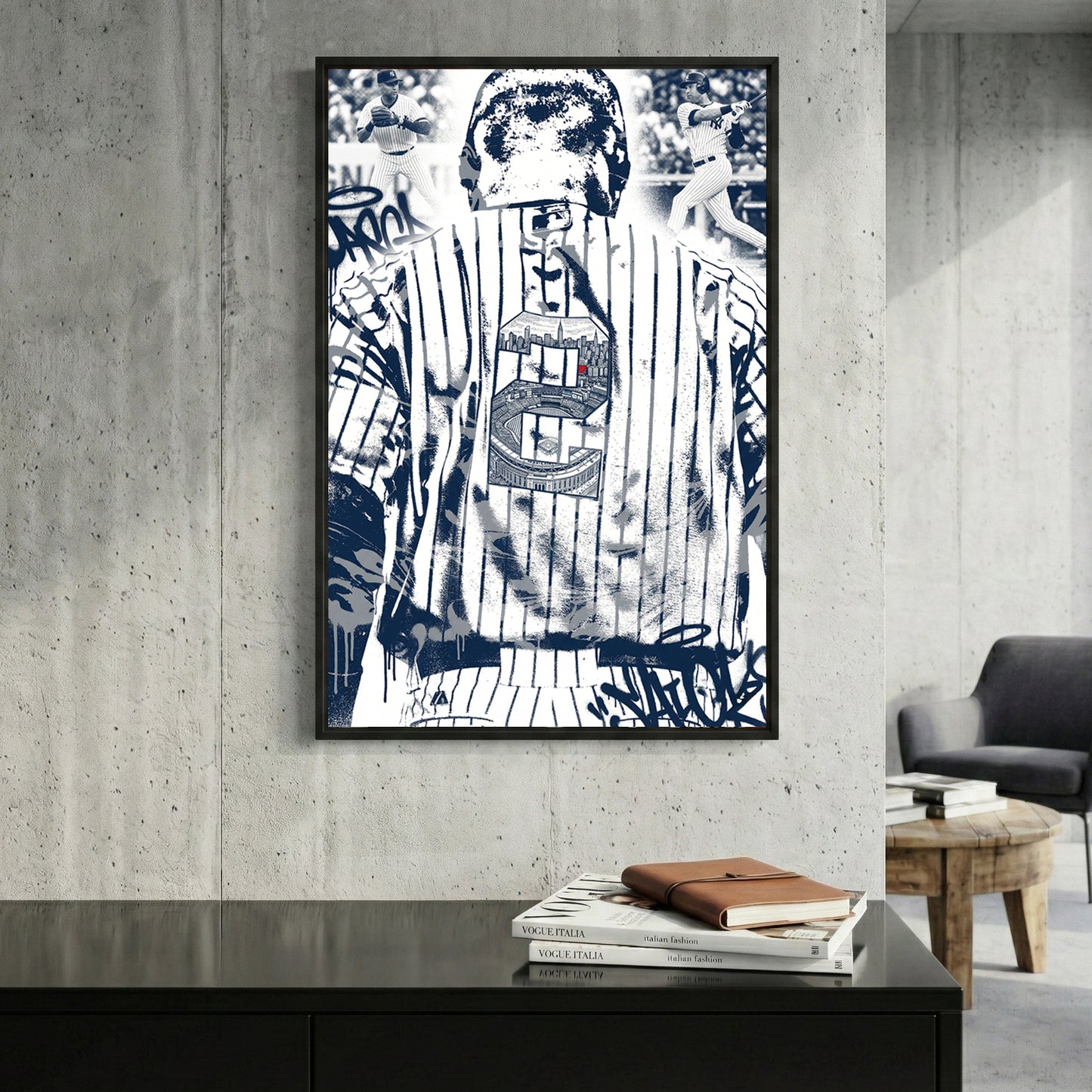 Derek Jeter New York Yankees framed canvas wall art print in a gallery-style display