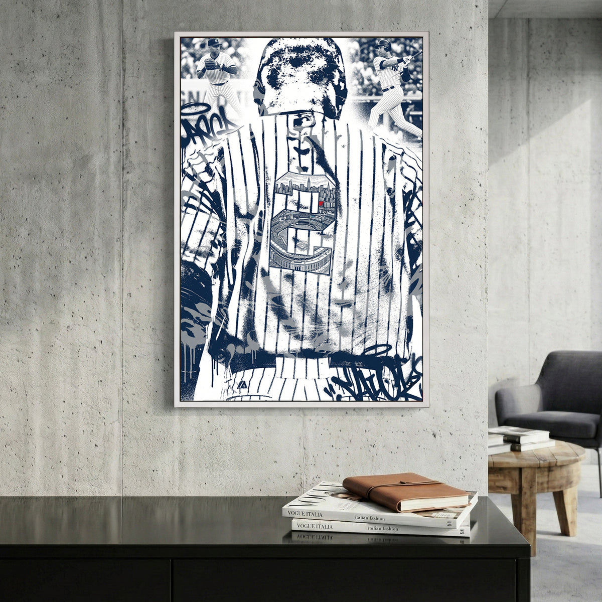 Derek Jeter New York Yankees canvas wall art print displayed in a styled living room