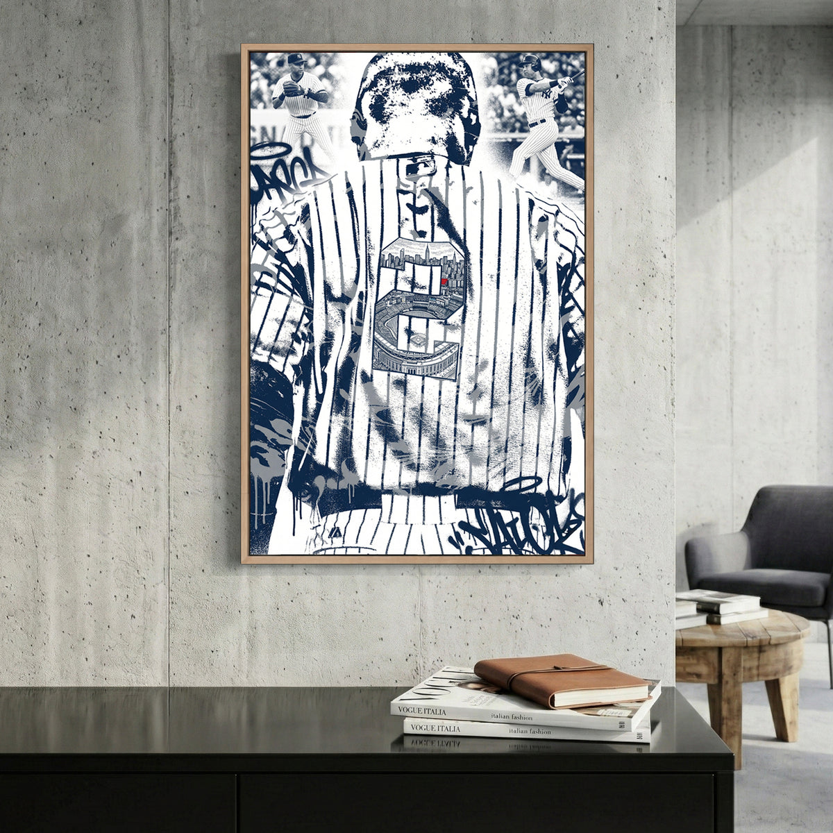 Derek Jeter New York Yankees canvas wall art print displayed in a styled living room