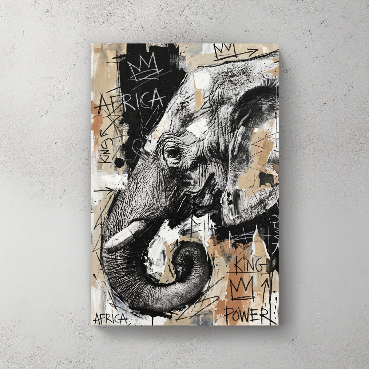 African elephant head sketch, charcoal style with tan beige background, graffiti text Africa King Power, crown scribbles, Basquiat-style — canvas wall art print