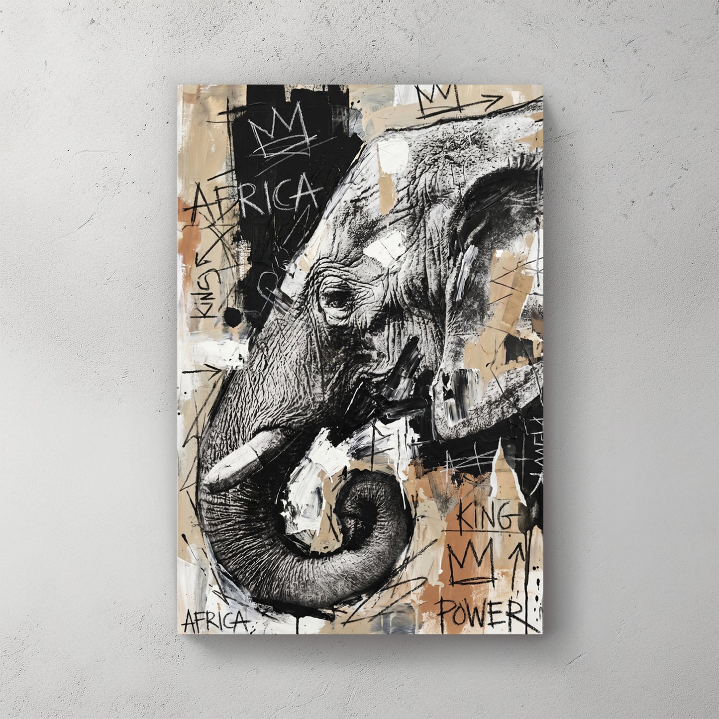 African elephant head sketch, charcoal style with tan beige background, graffiti text Africa King Power, crown scribbles, Basquiat-style — canvas wall art print