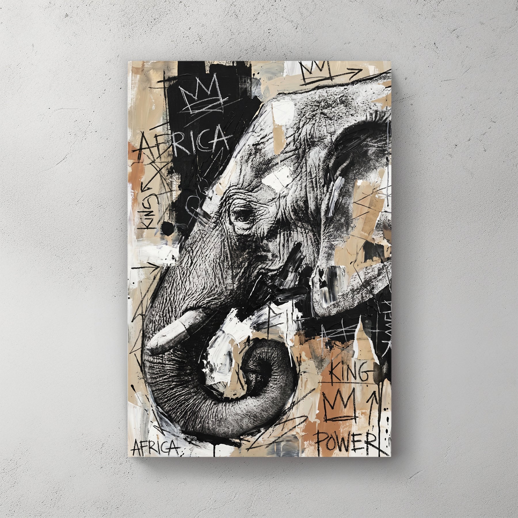 African elephant head sketch, charcoal style with tan beige background, graffiti text Africa King Power, crown scribbles, Basquiat-style — canvas wall art print