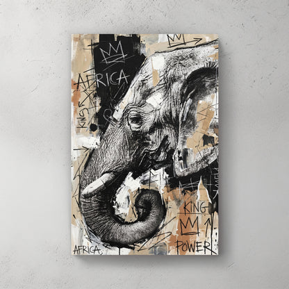 African elephant head sketch, charcoal style with tan beige background, graffiti text Africa King Power, crown scribbles, Basquiat-style — canvas wall art print