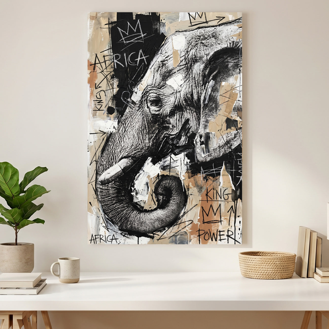 African Elephant Graffiti canvas wall art print styled in a modern interior