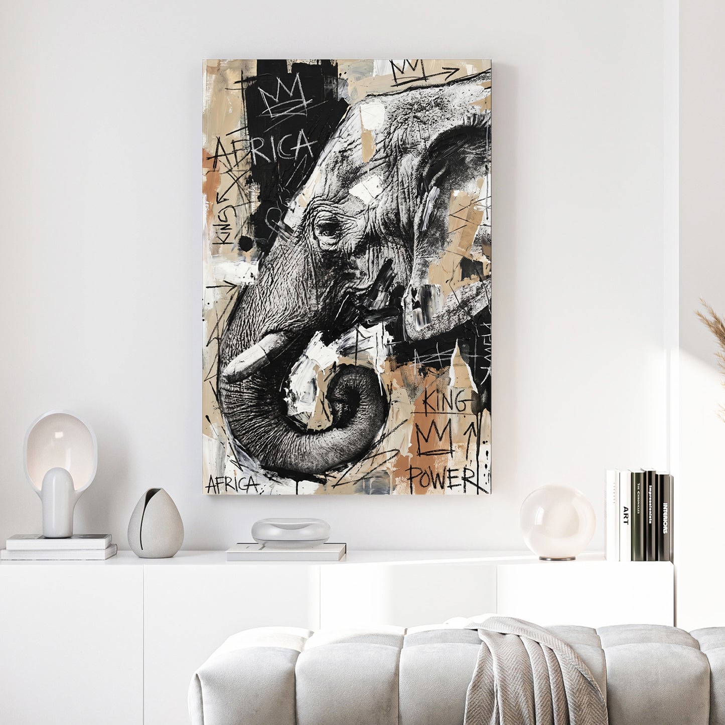 African Elephant Graffiti canvas wall art print above a sofa in a contemporary living room