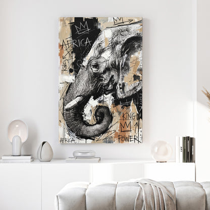 African Elephant Graffiti canvas wall art print above a sofa in a contemporary living room