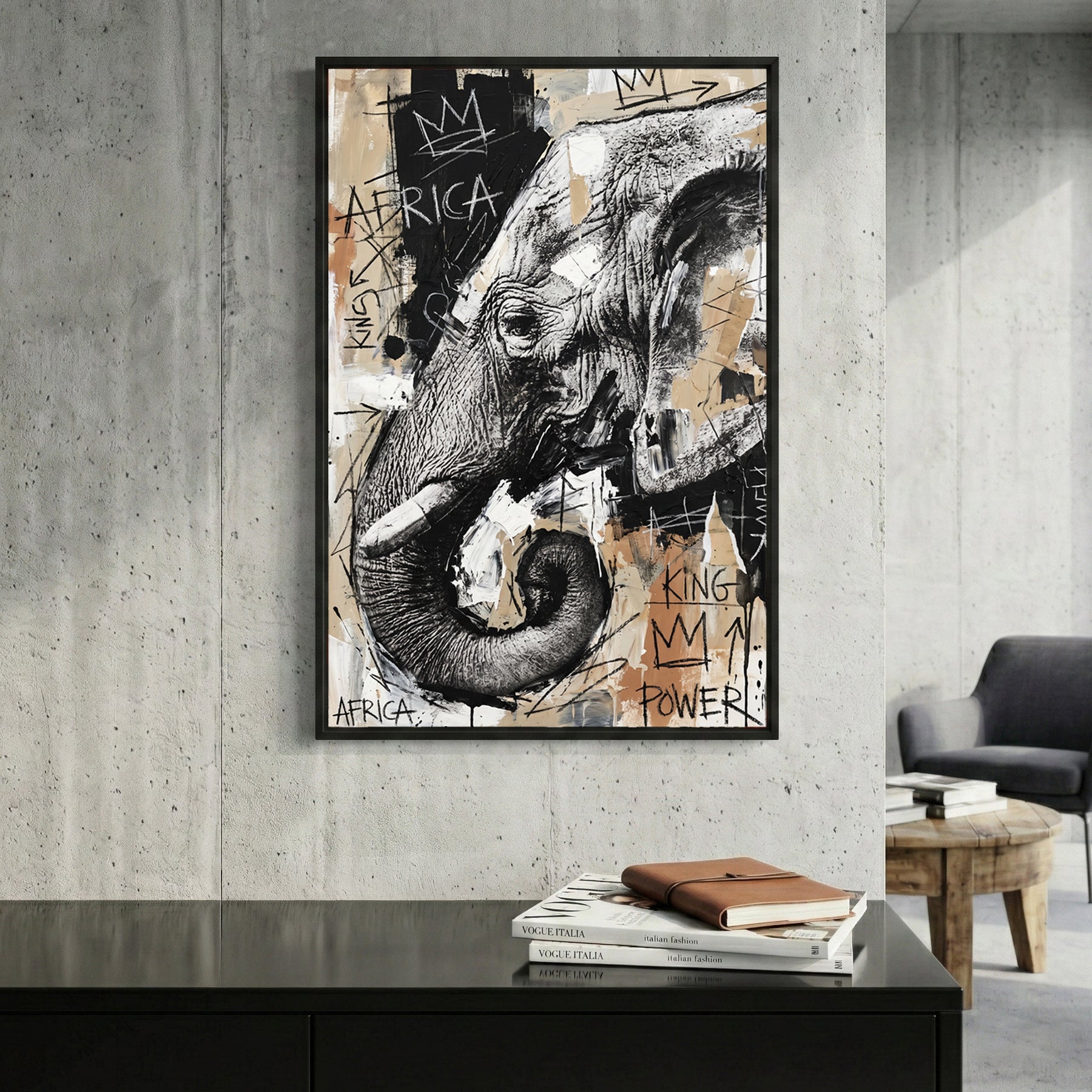 African Elephant Graffiti framed canvas wall art print in a gallery-style display
