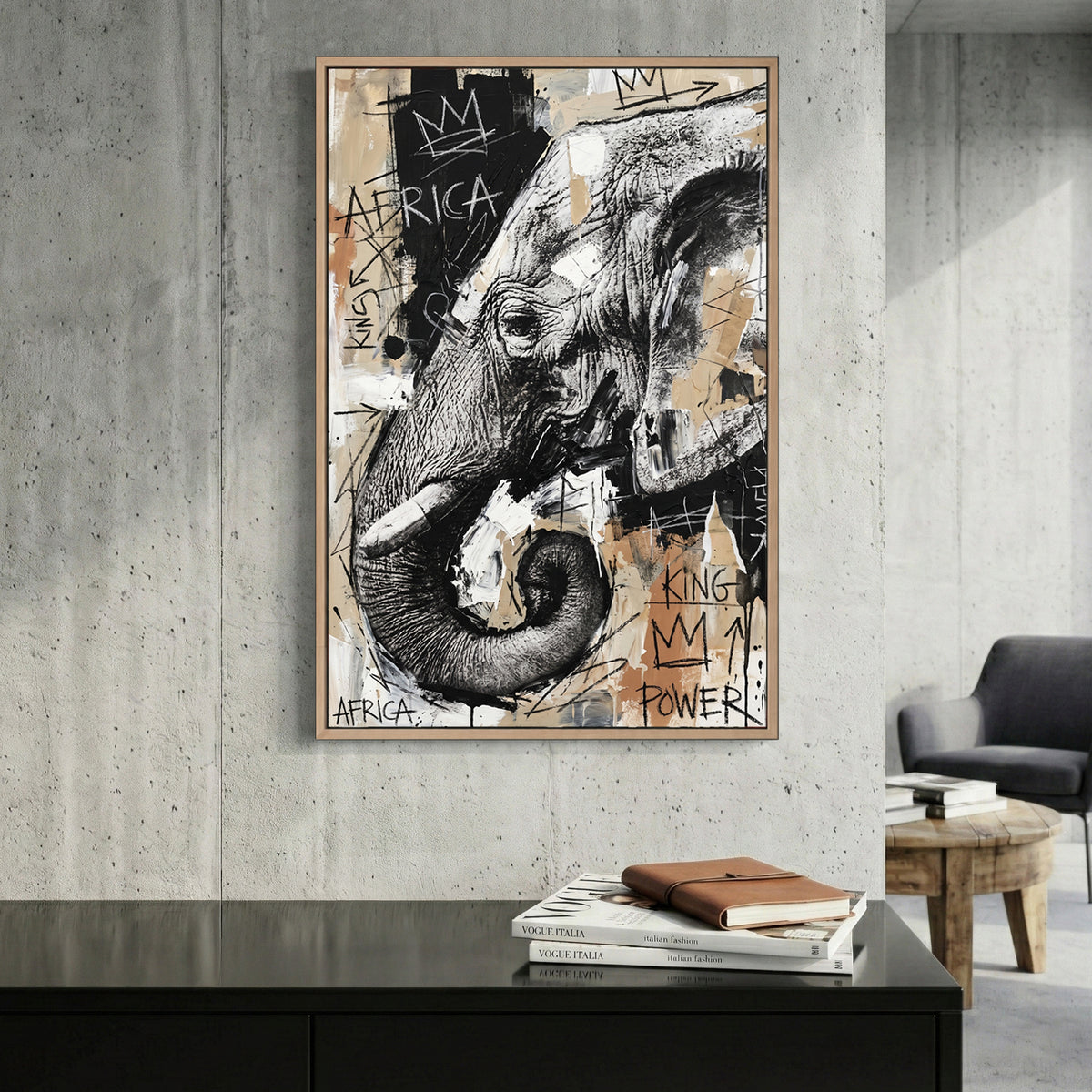 African Elephant Graffiti canvas wall art print displayed in a styled living room