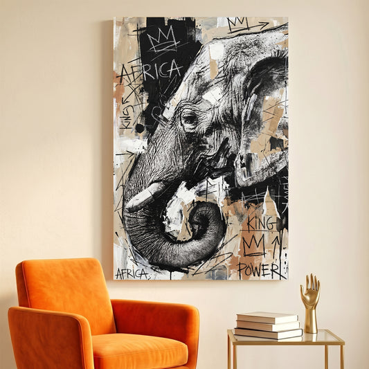 African Elephant Graffiti canvas wall art print displayed in a styled living room