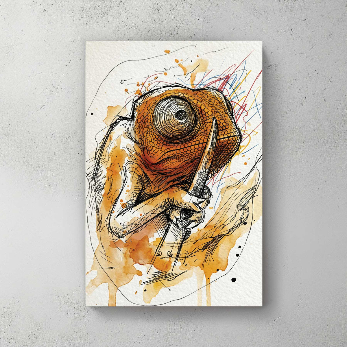 Orange chameleon; watercolour and ink sketch; vivid orange spiral eye; sketchy scribbles — canvas wall art print