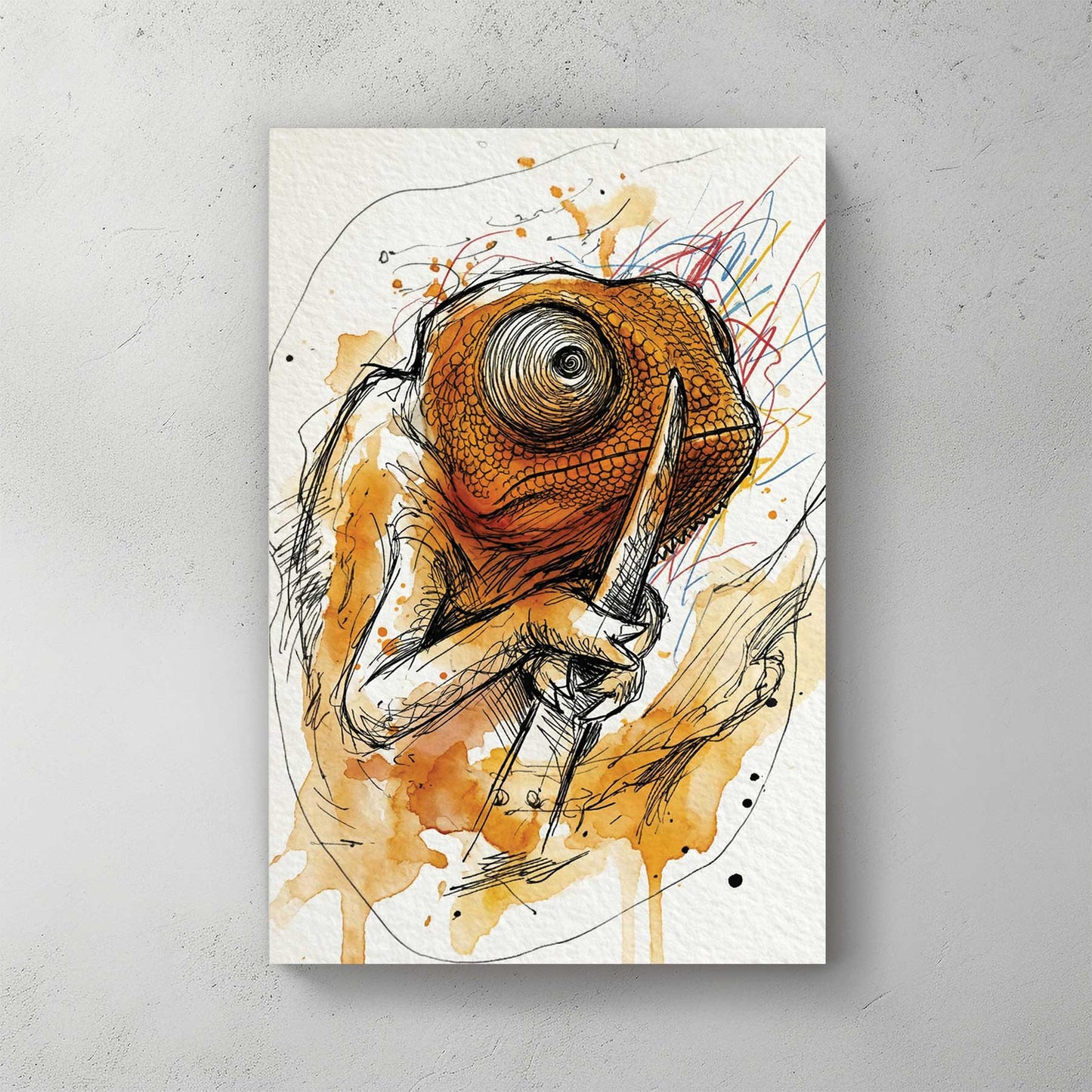Orange chameleon; watercolour and ink sketch; vivid orange spiral eye; sketchy scribbles — canvas wall art print