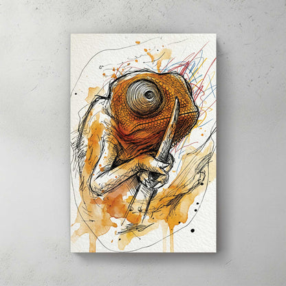 Orange chameleon; watercolour and ink sketch; vivid orange spiral eye; sketchy scribbles — canvas wall art print